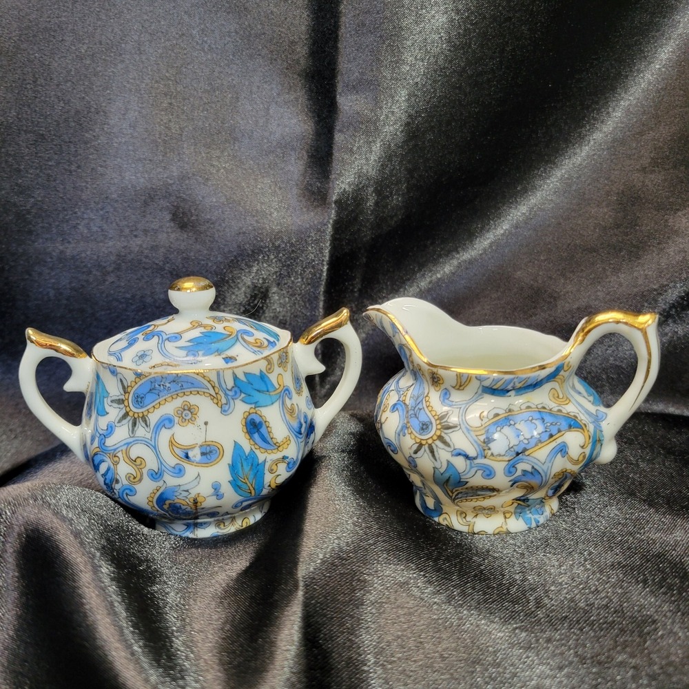 Lefton China 1950's Cream & Sugar Set Handpainted Blue Gold Trimmed NE 2358